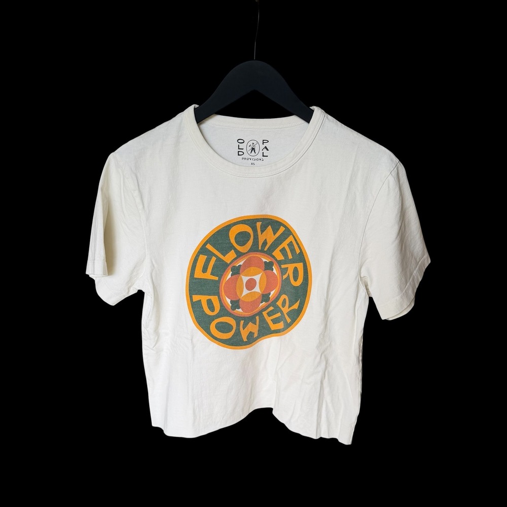 Y2K Old Pal Provisions Flower Power Boho T-Shirt Off White XS Retro Raw Hem Tee